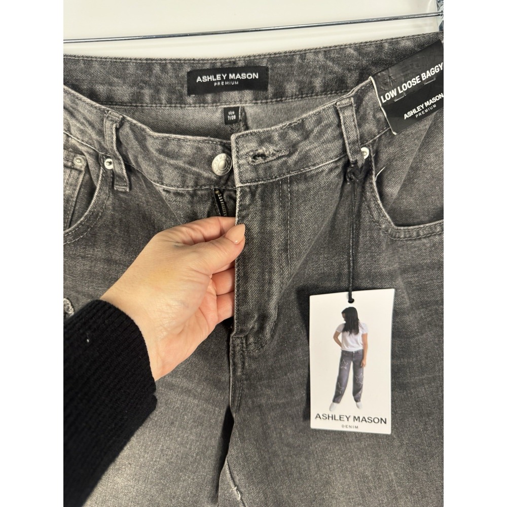 Womens Jeans Black Baggy Wide Leg Distressed Wash Star NWT Size 7/28 Y2K Grunge - Picture 12 of 16